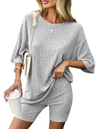 Ekouaer Pajamas 2 Piece Lounge Sets Ribbed Knit Matching Outfits T-shirt Biker Shorts Sleepwear Loungewear Sweatsuits Light Grey Large