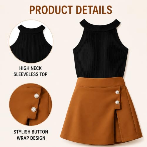 Image of RIYANSHI Girls Halter Neck Ribbed Top with A-line Skirt Set | Cotton Blend, 2 Piece Outfit, Button Detail, Ages 1-10 Years, Casual Wear