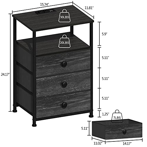 Tohomeor End Table With Charging Station Led Light Nightstand Bedroom Bed Side Dresser With 3 Fabric Drawers Open Storage Shelf Living Room Sofa End Table With Usb Ports And Outlet (Charcoal, 1 Pack) #TOP2