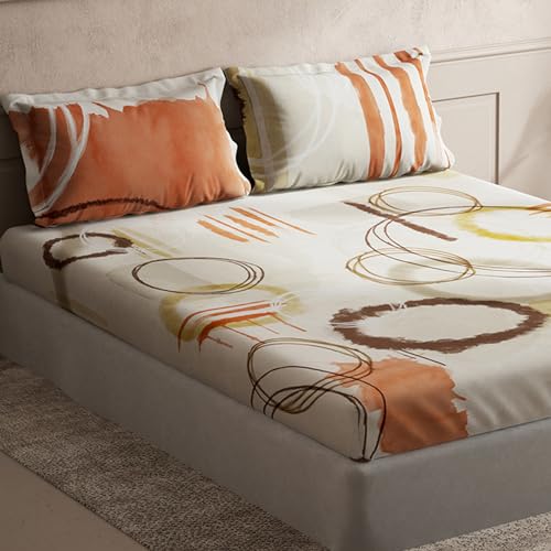 Image of Ddecor - Pack of 1 Cotton Abstract King 145 TC Bedsheet with 2 Pillow Covers - Orange