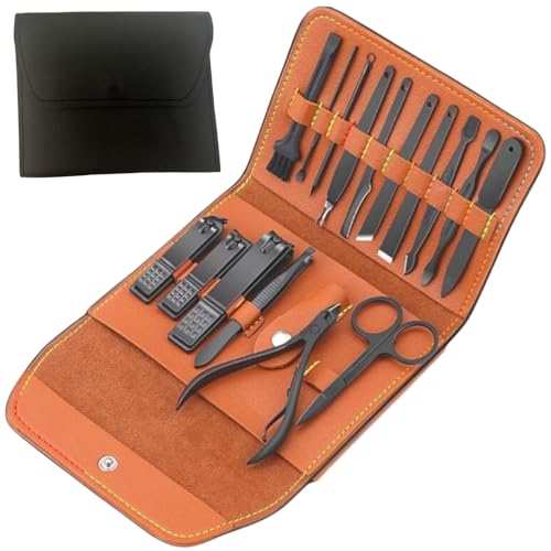 Kit Manicure Profissional 16 peças, Aço Inoxidável, Estojo Portátil com Cortador de Unhas, Tesoura para Cutículas, Aparador de Pelos Marca YoguiLife. (Escuro)