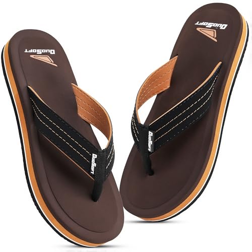 Image of Duosoft Men's Slipper Flip Flops, Brown, Anti-Skid Rubber Sole, Arch Support, Superior Shock Absorption, Super Soft