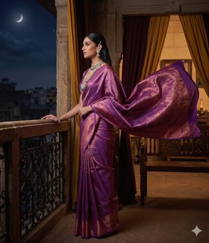 Image of Flosive Elegant Purple Banarasi Saree with Gold Zari Border & Designer Pallu