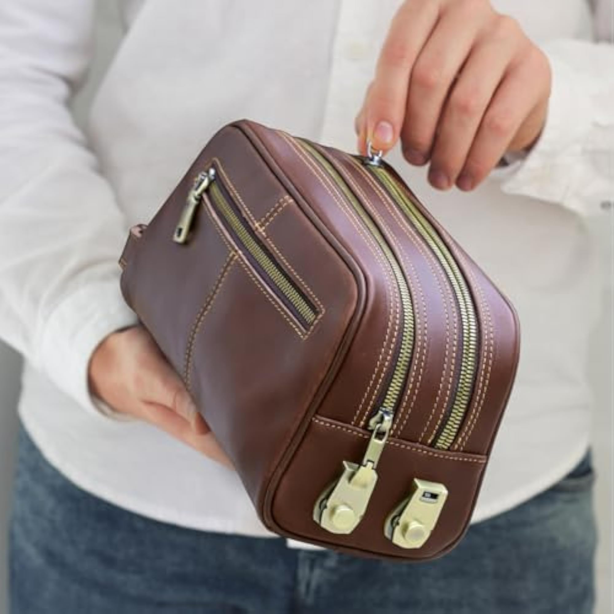Toiletry Bag with Lock for Men, Leather Cosmetic Bag