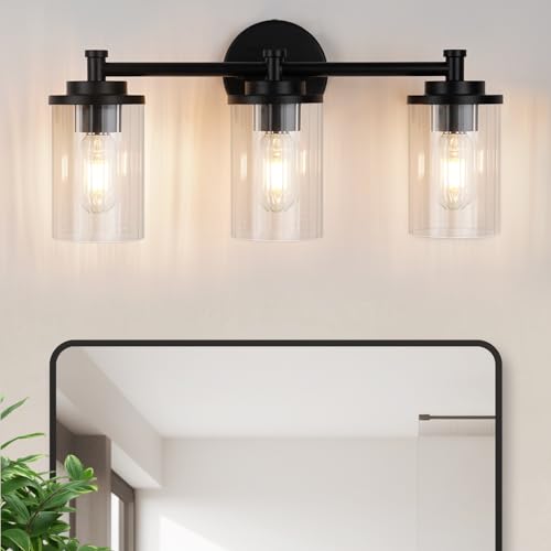 Image of 3-Light Bathroom Light Fixtures, Black Vanity Light with Clear Glass Shade, Modern Bathroom Lighting Fixtures Over Mirror, 19 inch Bathroom Vanity Light for Mirror Bedroom Hallway