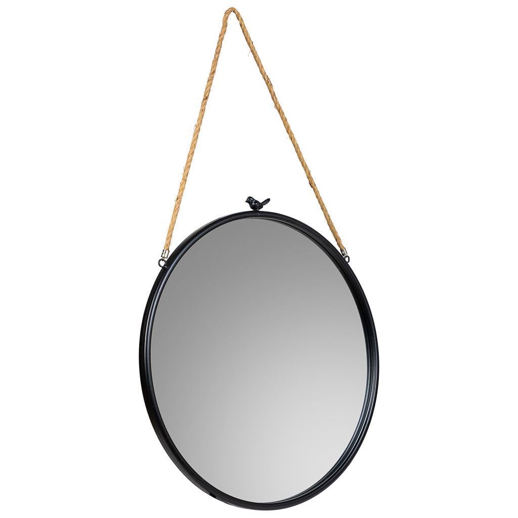 Miroir mural en métal suspendu avec corde noir rond pour décoration loft