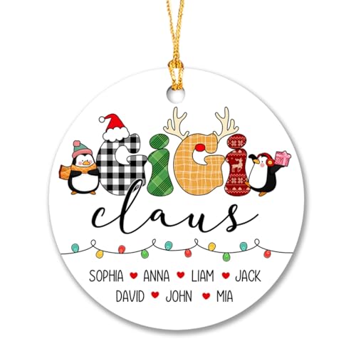 Gigi Claus Christmas Ornament 2025, Gigi Personalized Christmas Ornament with Grandchildren's Names, Penguin Santa and Reindeer Gigi Ornament, Custom Grandma Gigi Nana Keepsake Gifts for Xmas 2025