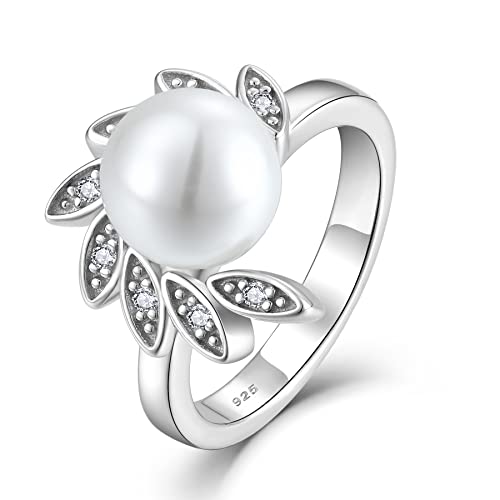 Pearl Ring Cubic Zirconia Women's Ring Mother of Pearl Ring 925 Sterling Silver Wedding Band for Her Size 5-10