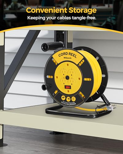 WILAWELS Extension Cord Storage Reel with 4-Grounded Outlets, 15A Circuit Breaker, Heavy Duty Open Cord Reel for 12/3,14/3,16/3 Gauge Power Cord, Hand Wind Retractable, ETL Listed, Yellow Y95CR06