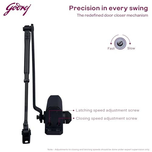 Image of Godrej Door Closer | Cerus Universal Door Closer I Matte Black Finish | Max Door Weight: 85kg | Max Door Width: 1250mm | 180 Opening Angle | Adjustable Closing Speed| 3 Years Warranty