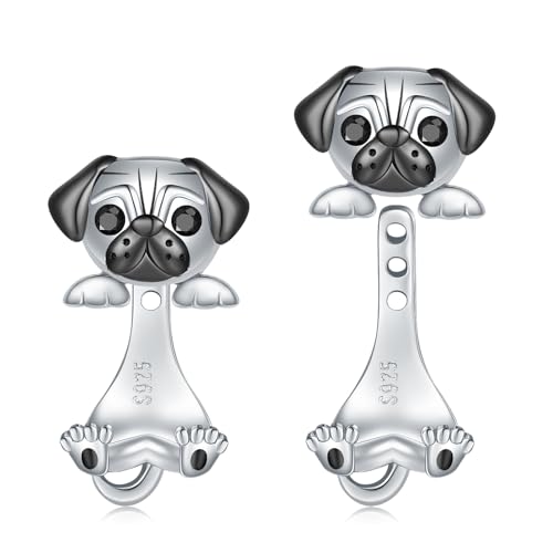 Animal Earrings for Women - 925 Sterling Silver Axolotl Pug Cat Goat 3D Jacket Earrings - Cute Hypoallergenic (Pug Dog)