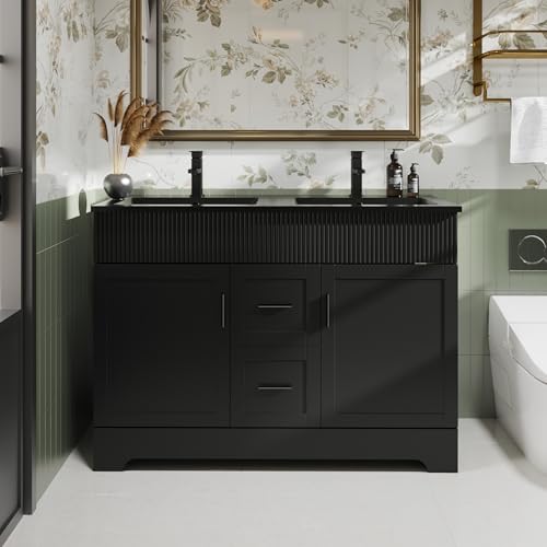 Image of eclife 48 inch Bathroom Vanities Sink Combo with Painted Surface, Modern Drawered Cabinet W /Decorative Wave Lines, Undermount Double Black Sink, Matte Black Faucet Drain, Black