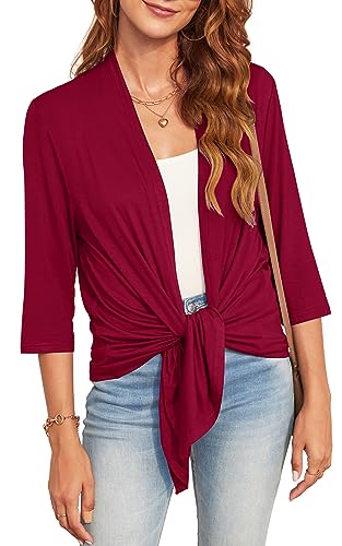 Image of Veryoung 3 /4 Sleeve Tie Front Cardigan for Women Soft Drape Open Front Light Waterfall Cardigan Fall Shrug Irregular Hem
