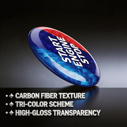 Image of Engine Start Stop Button Cover compatible with BMW Interior Accessories | 0.86 Inch Round compatible with X3 X5 Z4 2 3 4 i4 i3 Series,Tricolour Carbon Fiber Texture with High Gloss Resin surface