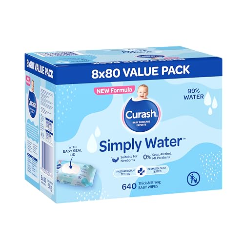 New Formula Curash Simply Water Baby Wipes, 8x80 Pack, Suitable for Newborns, 99% Purified Water, No Soap, Alcohol or Parabens, Thick & Soft Texture, Everyday Cleansing and Nappy Changes, 640 Wipes