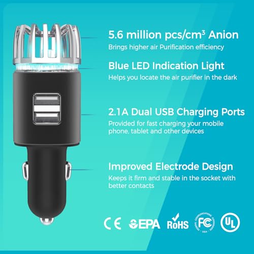 Car Air Purifier Ionizer, 12V Plug-in Car Air Freshener with Dual Fast Charge USB Car Charger, Release 5.6 Million Anion, Removes Dust, Cigarette Smoke, Bad Odors, Black - Image 7