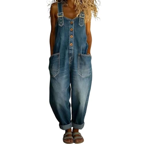 Generisch Damen-Retro-Latzhose in Denim Jumpsuit Ärmellos Boho Vintage Elegant Overall Lang Playsuit Bunte Weites Bein Hose Arbeitslatzhose mit Taschen Latzhosen Atmungsaktiv Mode Outdoorhose