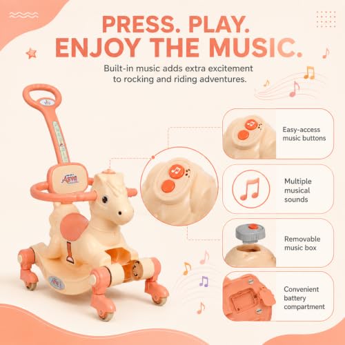 Image of 3 in 1 Baby Horse Rider for Kids 1-5 Years with Parent Handle, Rocking Horse, Ride On Toy, 360 Safety Guard, Music, Swivel Wheels, Backrest, Baby Ride On for Boys & Girls (Cream)