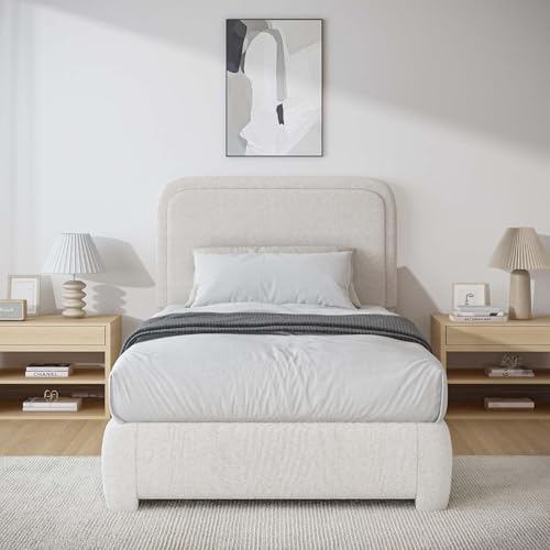 Image of BarnFurin Twin Bed Frame, Cloud Boucle Headboard, Rounded Corners, Beige | Soft boucle and rounded edges create a low-profile cloud look. Wooden slats support the mattress without a box spring