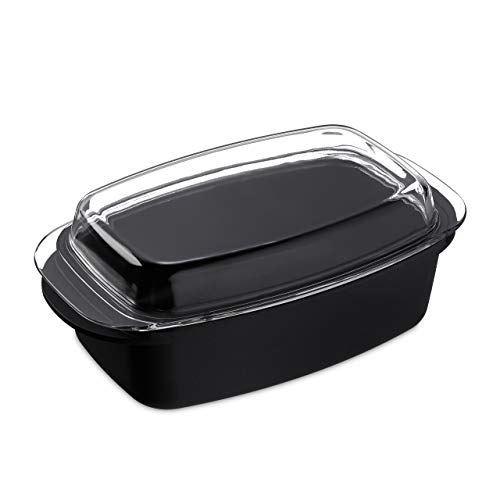 Relaxdays braadslede met glazen deksel, anti aanbaklaag, ovenschaal, gegoten aluminium, vaatwasbestendig, 39 cm, zwart