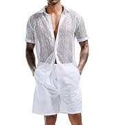 LecGee Men Summer Casual Short Sets Lace Short Sleeve Button Down Shirt Elastic Waist Shorts 2 Pi...