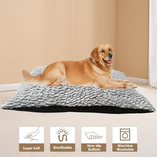 Pinkfairy Dog Bed Grey Large Pet Mattress - Washable Deluxe Fluffy Plush, Anti-Slip Crate Pad Square Cushion for Sleeping, Calming and Anti Anxiety 87x56x20 cm - Image 5