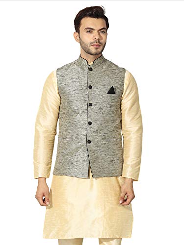 Image of Uri and MacKenzie Men's Silk Blend Regular Kurta Churidar Pyjama with Bundi Nehru Jacket /Waistcoat