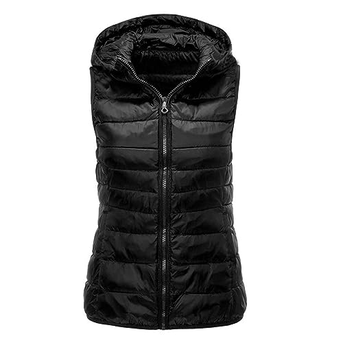 Flodxo Womens Gilets and Bodywarmers UK Winter Puffer Gilet Ladies Thermal Vest Lightweight Quilted Jackets Hood Warm Sleeveless Bodywarmer Outerwear Parka Coats Hooded Down Jacket Black XL