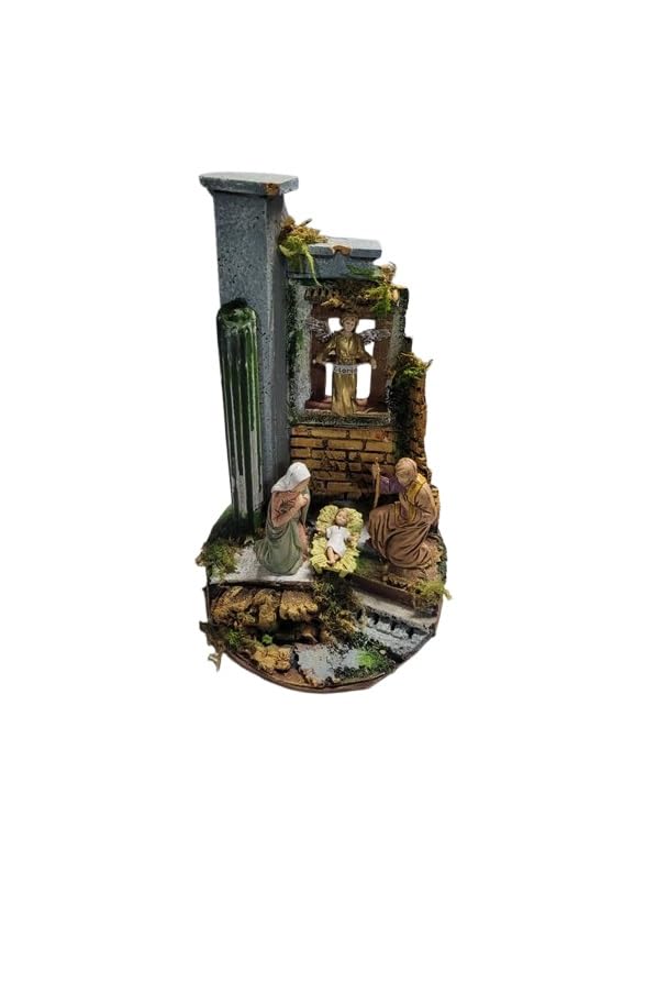 Mini-Tempel Krippe Durchmesser 15 cm Höhe 25 cm Holz und Kork mit oder ohne Geburt 4 Schäfte 8 cm Kunststoff geeignet für Glasglocke