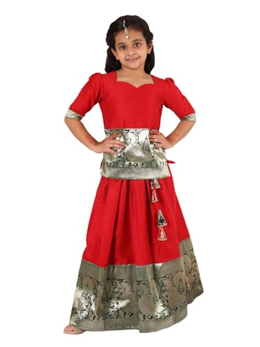 Jbn Creation Silk Blend Girls South Indian Style Pavda Pattu Lehenga (Jbnglc053Rd_34L_Red And Green_12 Years-13 Years)