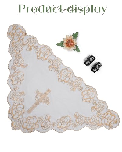 Mantveil Chapel Veils Catholic Mass: Traditional Christian Black Gold Triangle Cross with Rose Embroidered Veils for Church Mantilla Head Coverings for Women