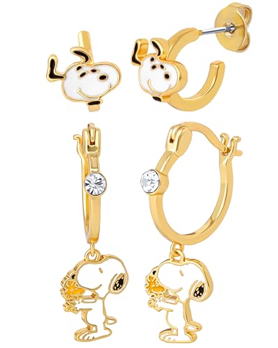 Snoopy Earrings for Women 2 Pairs Official License Gold-Tone Huggies and Hoops with Enamel Pendant Charm and Crystal Accent
