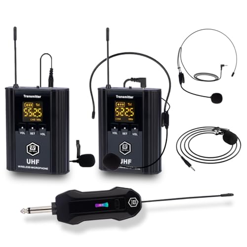 W IN-MIX UHF Wireless Microphone System, Portable Cordless Microphone Set with Headset, Lavalier, Beltpack Transmitter for Karaoke,Church and Party(2)