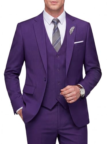 WULFUL Mens Slim Fit 3 Piece Suit One Button Solid Blazer Business Party Jacket Vest Pants Set Purple