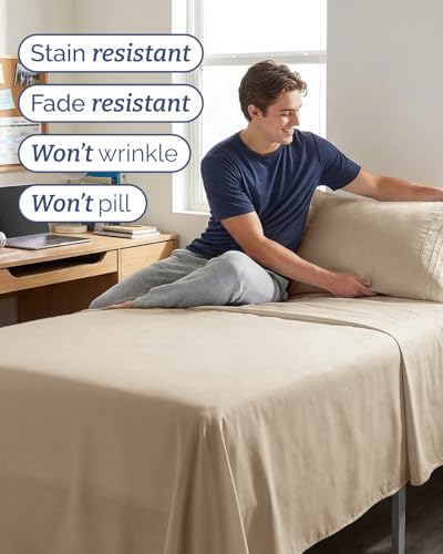 Image of Twin XL 4 Piece Sheet Set - College Dorm Room Essentials - Cream | Ultra Soft Dorm Bedding Set, 8 inch to 16 inch Inch Deep Pockets, 1 Flat & 1 Fitted Sheet & 2 Pillowcases, Wrinkle & Fade Free