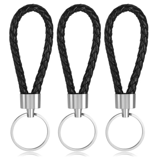 BOHUIZ Lot de 3 porte-clés portables en cuir tressé pour homme, voiture avec porte-clés en métal et porte-clés pour la maison, le bureau, la voiture, les...