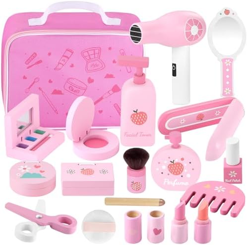 GAGAKU Holz Kinderschminke Set Mädchen Schminkkoffer Kinder 16-teiliges Schminke Friseur Beauty Set Frisierkoffer Spielzeug für Kinder Holzschminke Geburtstagsgeschenk ab 3 4 5 6 7