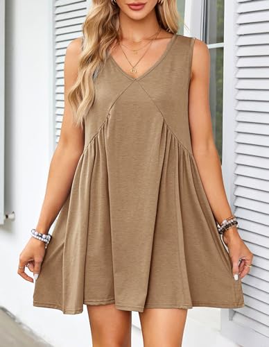 Image of Womens Babydoll Dress Summer Sleeveless Mini Dress Casual Loose V Neck Swing Flowy Beach Sundresses with Pockets