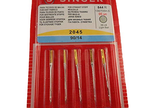 Genuine Singer Ball Point (Style 2045) Needle Flat Shank Yellow Band Size 90/14 5-pack