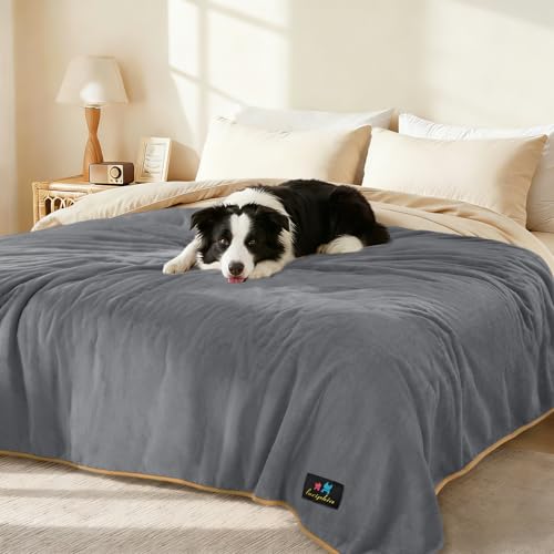 Image of Waterproof Pet Blanket, Liquid Pee Proof Dog Blanket for Sofa Bed Couch, Reversible Sherpa Fleece Furniture Protector Cover for Small Medium Large Dogs Cats, Grey+Beige X-Large(85 inch x 57 inch)