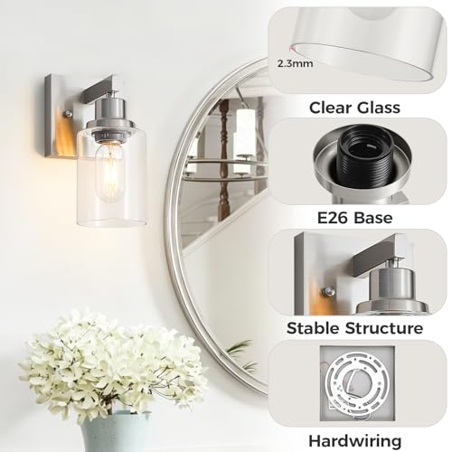 Image of Bathroom Wall Sconces Set of 2,Brushed Nickel Wall Sconce,Vanity Light with Clear Glass Wall Mounted Light Fixture,Farmhouse Wall Lamp for Bedroom Living Room Mirror Hallway