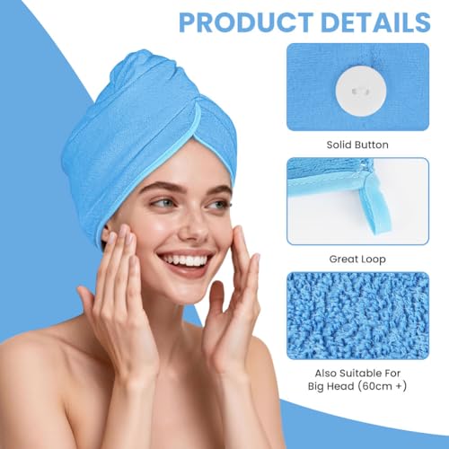 HOTUT Mikrofaser Handtuch Haare Turban,2 Stück Premium Haarturban mit Knopf,Turban Handtuch Handtücher Schnell Saugfähig mit Knopf Schnelltrocknendes für Kopf und Lange Haare Damen(Grau+Hellblau)