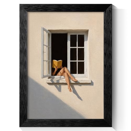 Woman Reading Yellow Book On Open White Window Canvas Wall Art, Neutral Beige Sunlight Reader Print, Minimalist Boho Bedroom Living Room Decor 24x36in Black Framed
