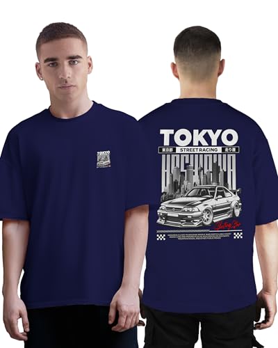 Image of Buy That Trendz Mens Oversized Tshirt Black & White Car Printed Crew Neck Cotton Drop Shoulder Half Sleeve Stylish Tshirt