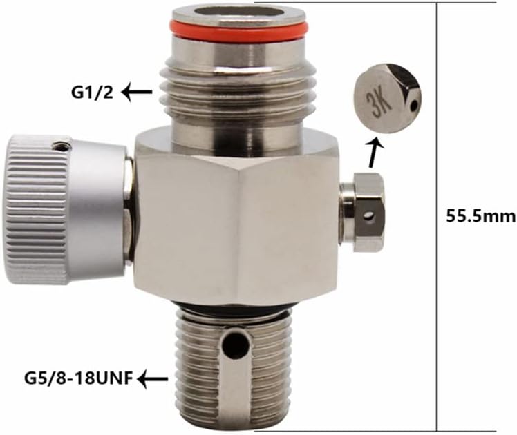 Paintball CO2 Cylinder Tank Valve Adapter with On/Off, Thread 5/8-18UNF,with 20Mpa Burst Disk Valve, Silver