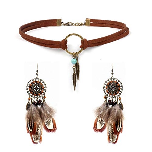 Pendientes de plumas bohemias que no pesan y gargantilla de turquesa antialérgica
