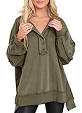 AlvaQ Oversized Sweatshirts For Women Fall Winter Cute Solid Color Patchwork Pullover Tops Button Collar Henley Sweatshirts Outfits Fashion 2025 Green Medium