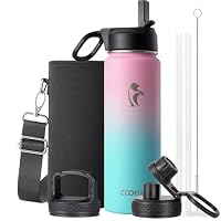 Coolflask 591ml Insulated Water Bottle with Straw & 3 Leakproof Lids