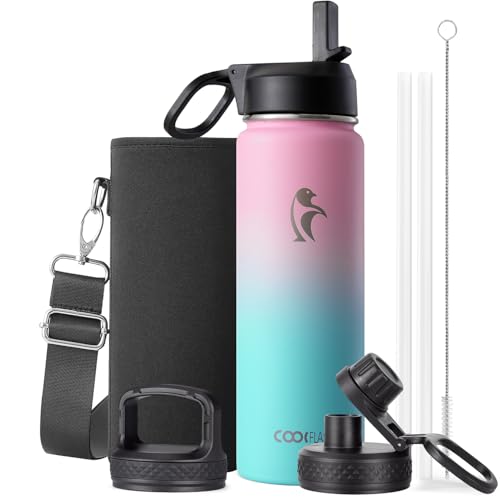 Coolflask Isolierte Wasserflasche, Doppeltes Vakuum Auslaufsicher, Leicht zu reinigen, Wasserflasche mit Strohhalm, 3 Deckeln, Thermosflaschen aus Edelstahl für Sport Büro