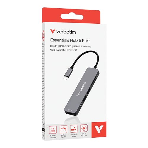 Image of Verbatim USB-C Essentials Multiport Hub- 6 Ports: (1) USB-A 2.0, (1) USB-A 3.0 /3.2 Gen 1, (1) USB-C 3.0 /3.2 Gen 1, SD and Micro SD Card Slots with 4K HDMI and Up to 100W Power Delivery